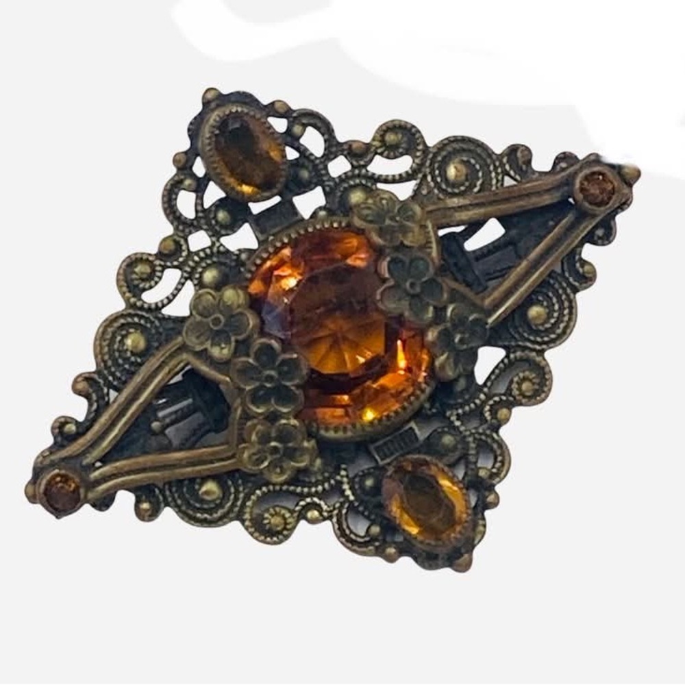 Vintage Czech Ornate Golden Topaz Glass Stone Brooch